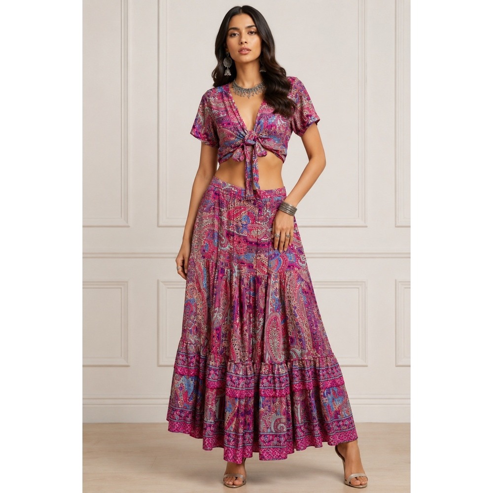 Barok Paisley Satin 2 Piece Set Women One Sz Pink Boho Tie Front Maxi Skirt EUC